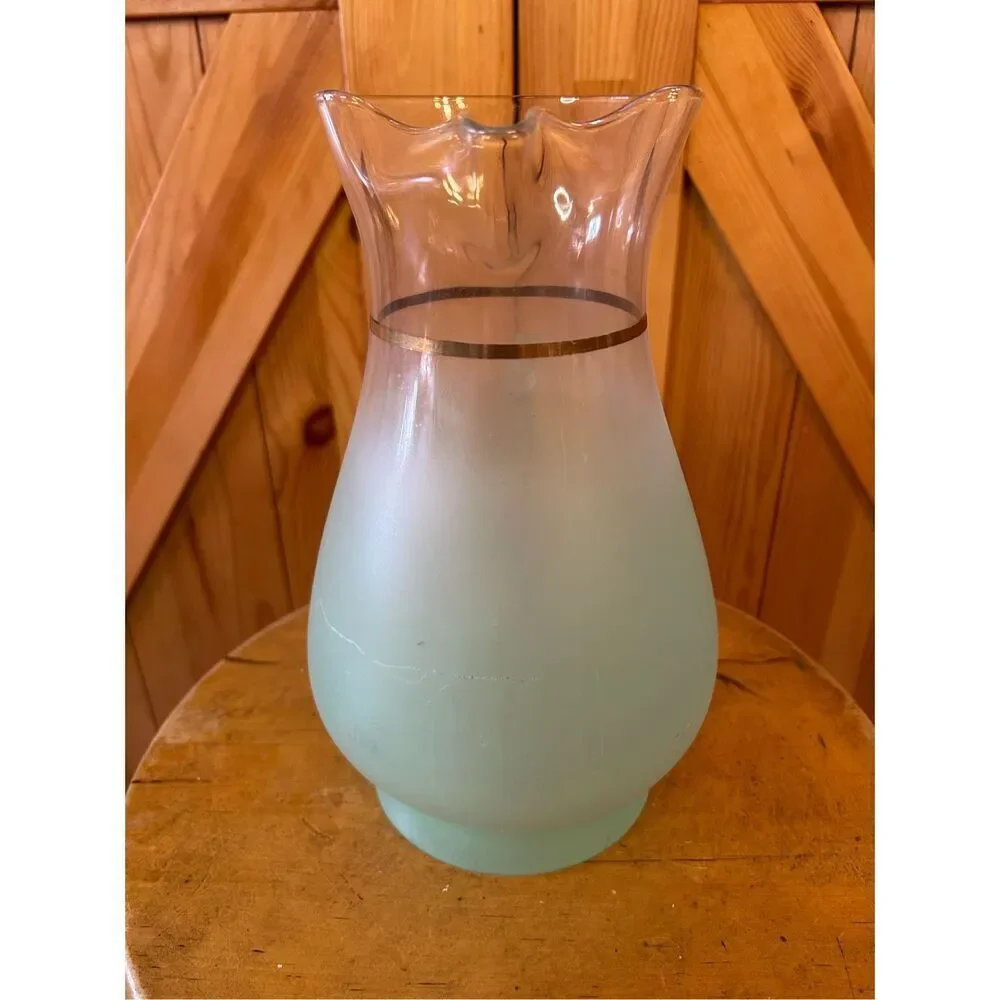 Vtg Blendo Sea Green Frosted Art Glass Pitcher Gold Rim Large MCM Retro Lemonade